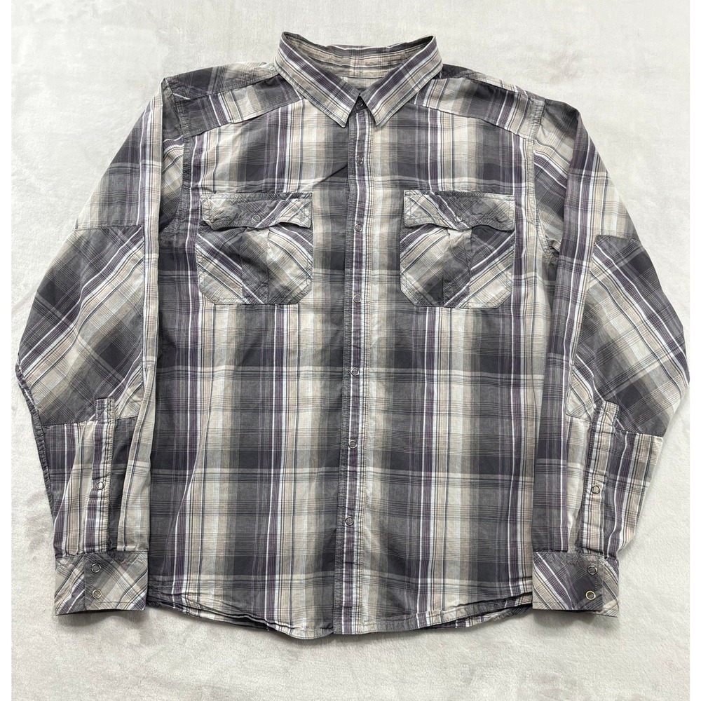 Prana Breathe Shirt Mens Large Grey Plaid Snap On Long Sleeve Pockets Outdoor